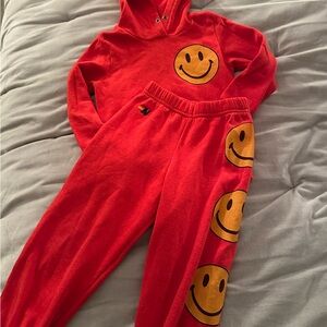 Aviator Nation Red Hoodie & Sweatpants Set with Yellow Smiley Faces